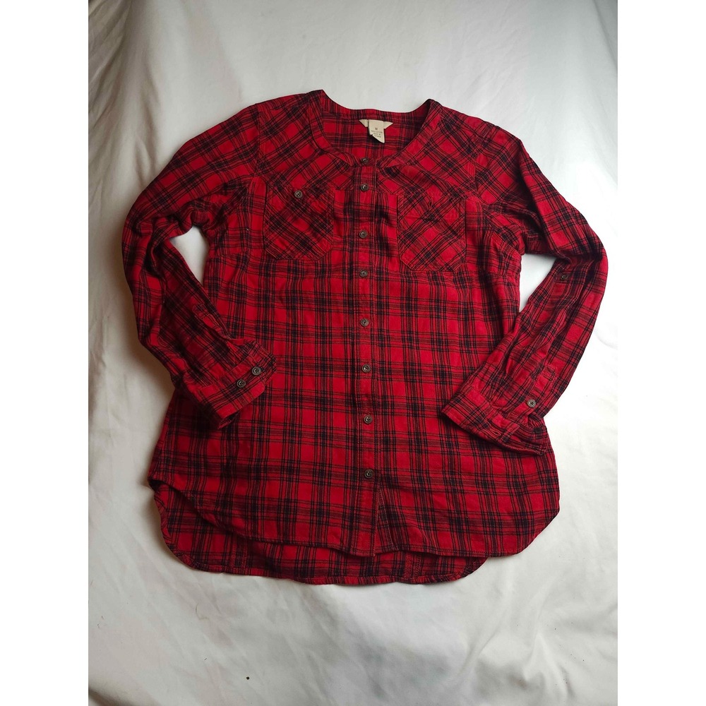 Duluth Trading Co Womens Red Black Plaid Cotton Button Down Shirt Size Medium